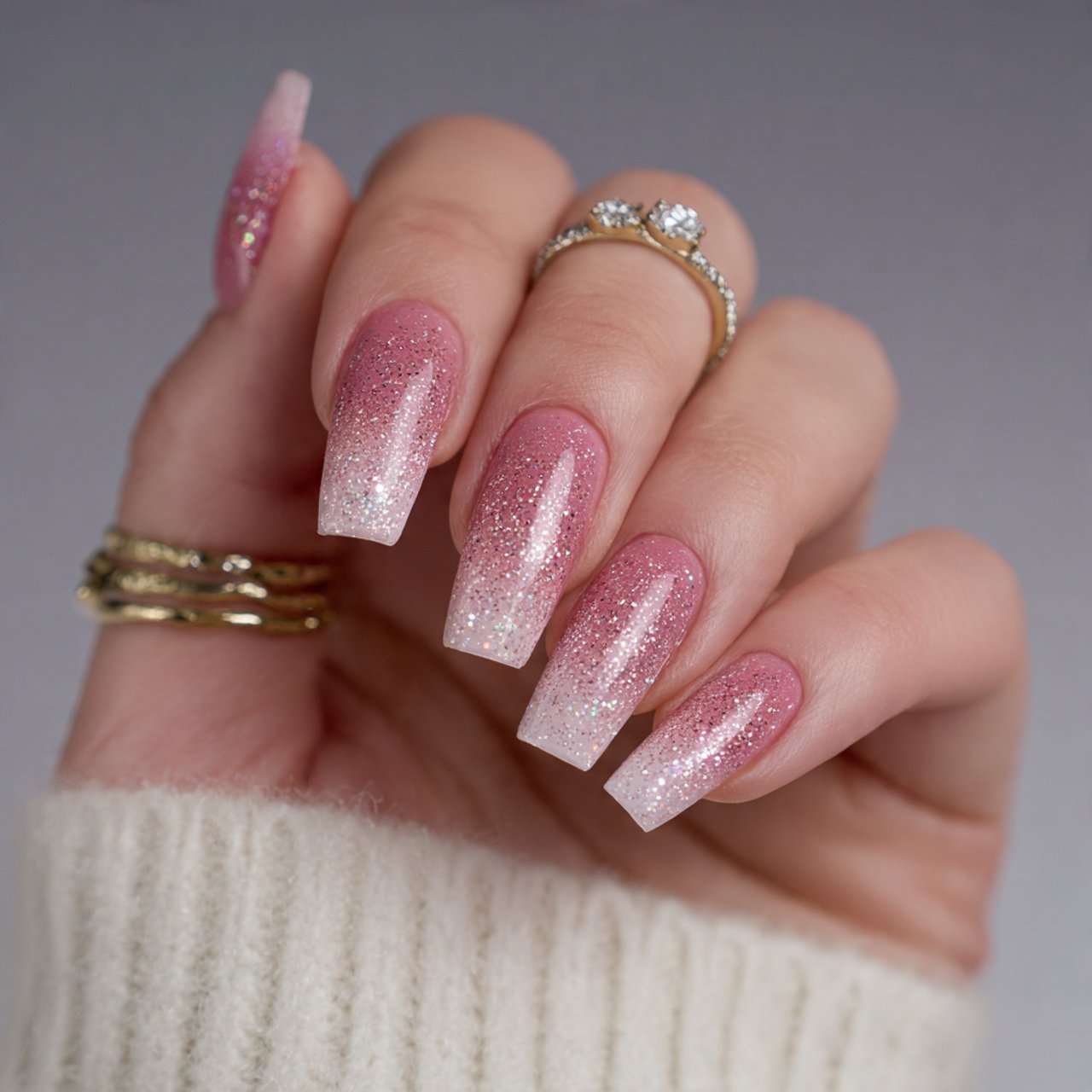 blush glitter fade graduation nails