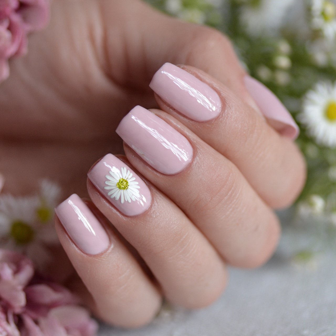 blush pink with one daisy accent nails