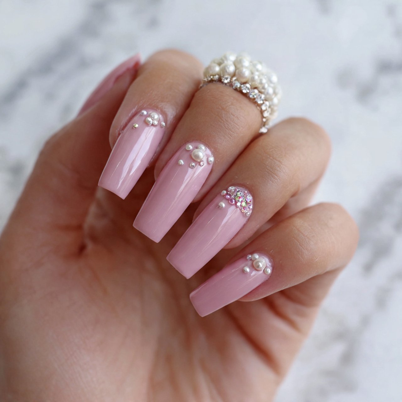 blush pink with tiny pearl accents beautiful nails