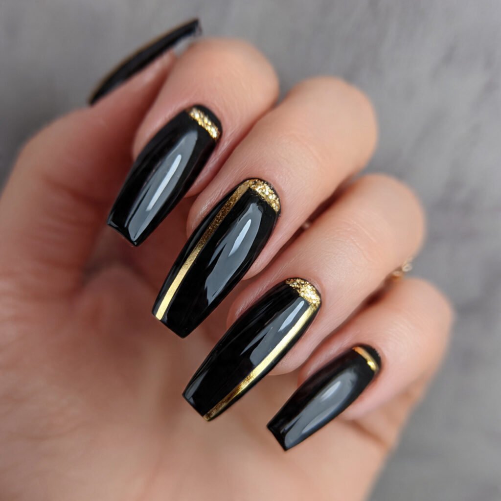 bold black coffin nails with gold accents stunning 1