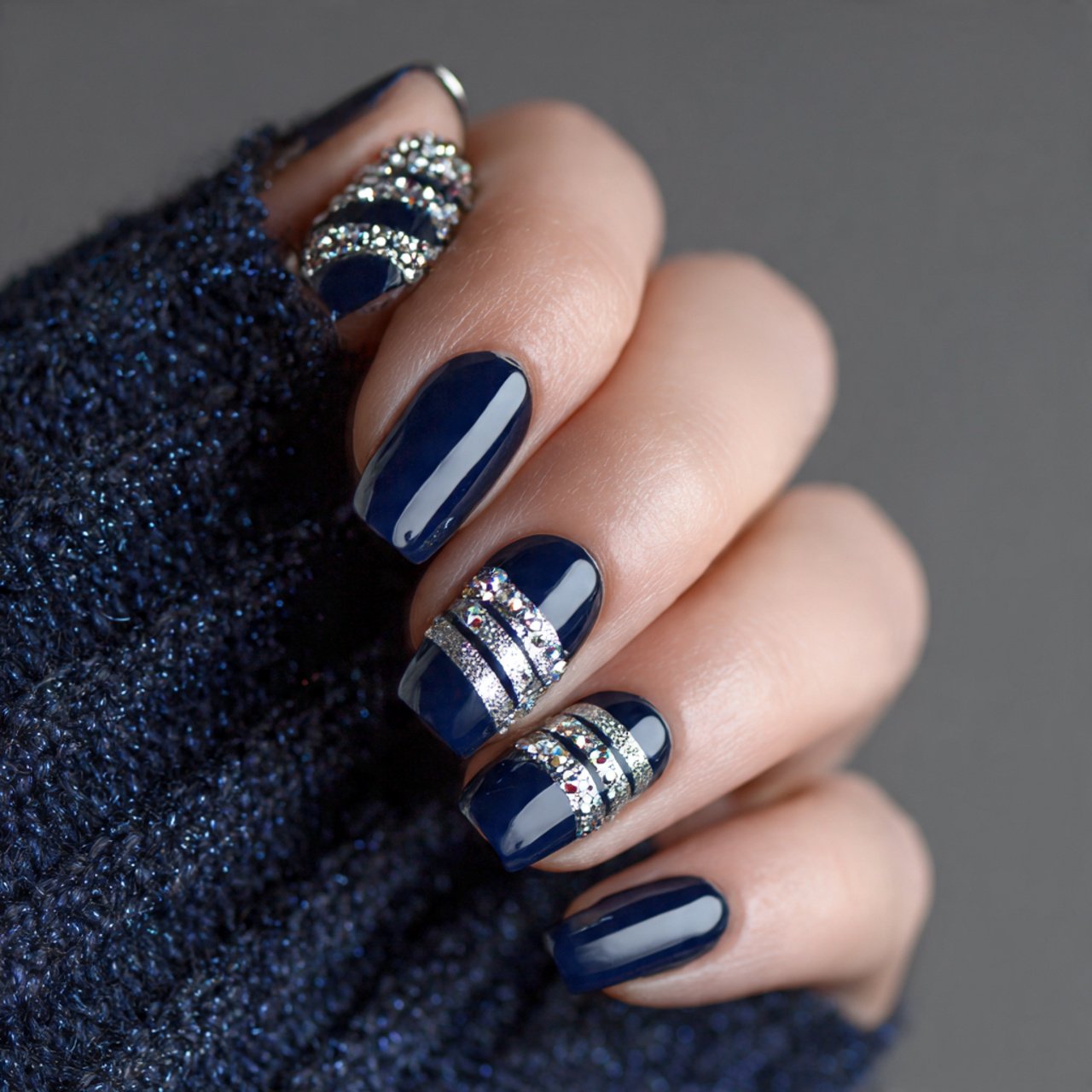 bold navy with silver accents gorgeous nails