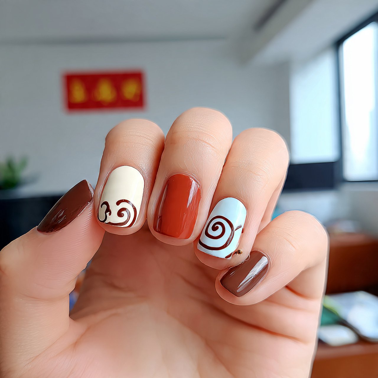 brown and cream swirl nails