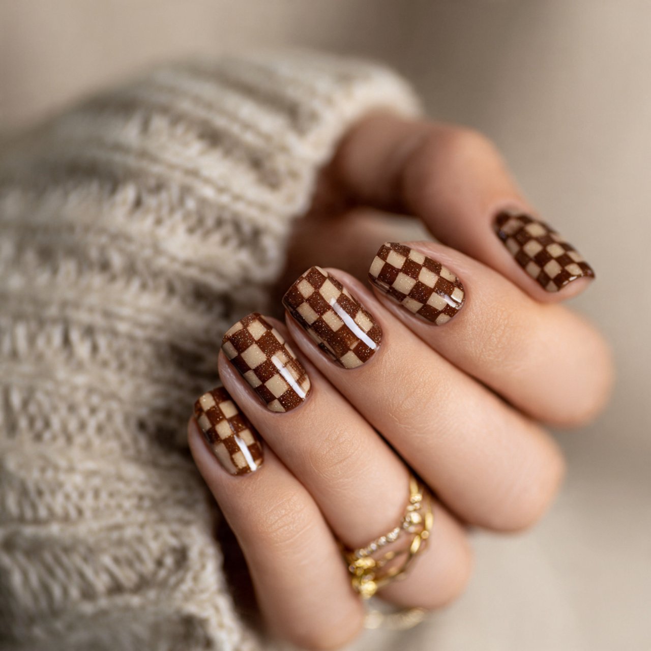 brown checkered nails