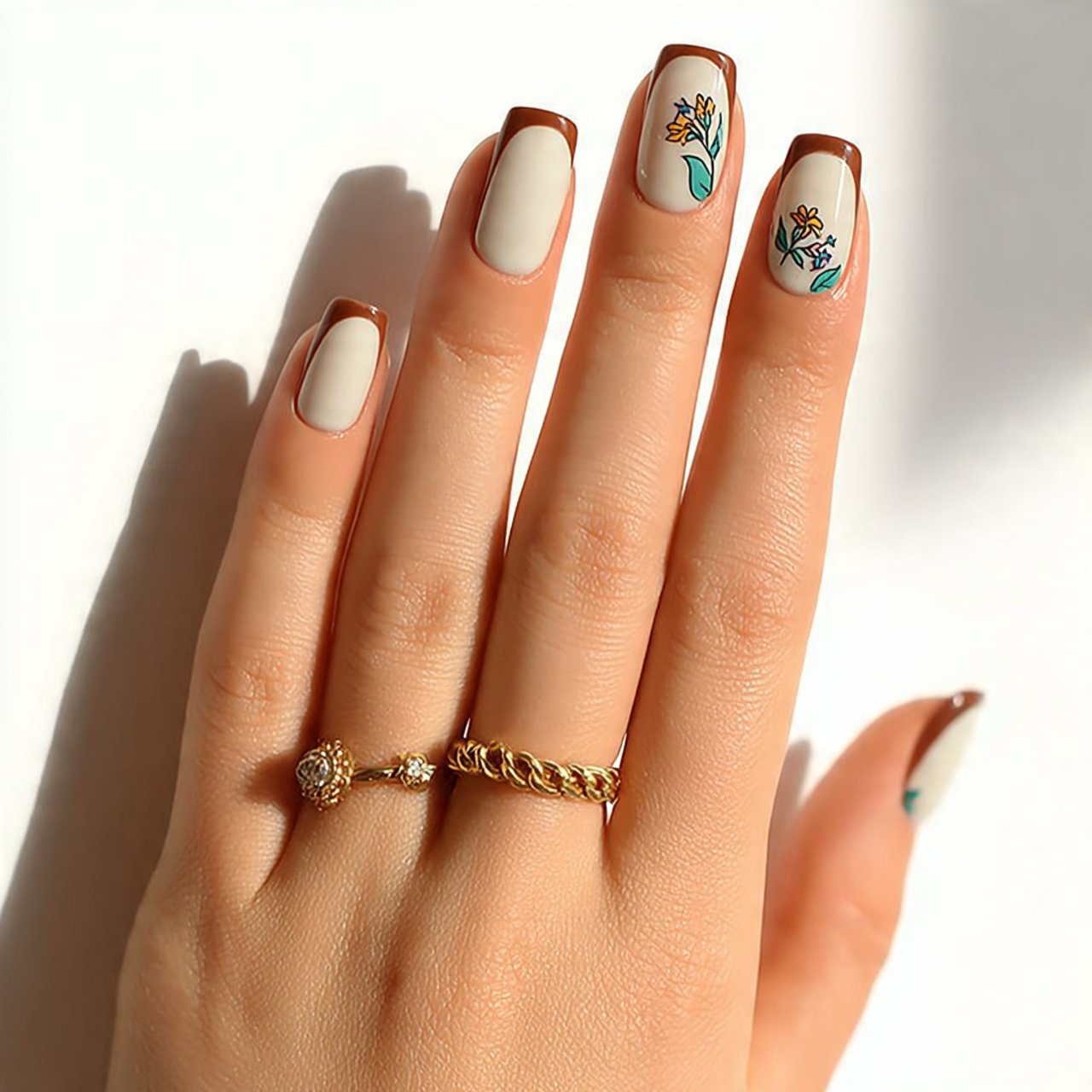 brown french tips with a milky base nature look na