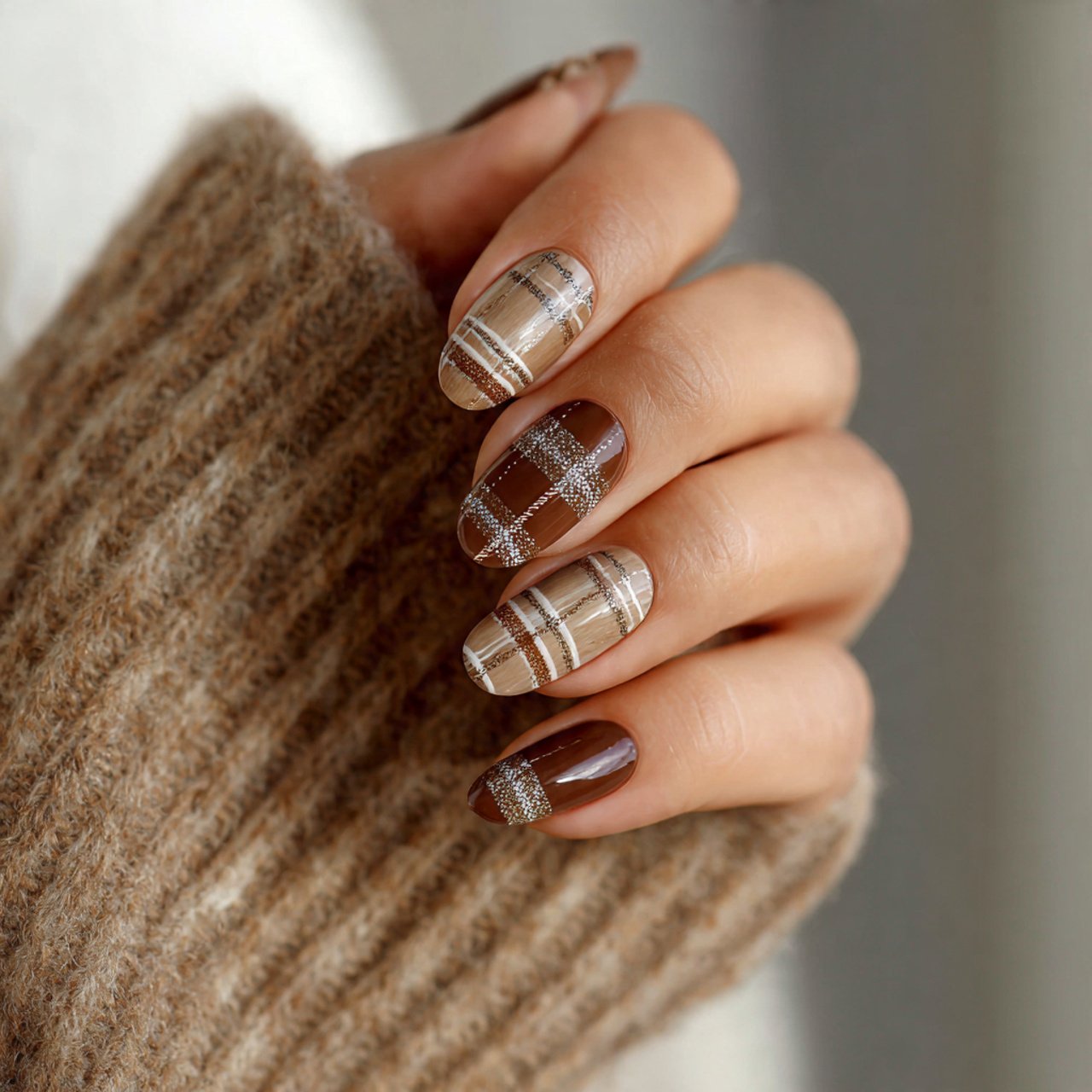 brown plaid accent nails natural looks nails