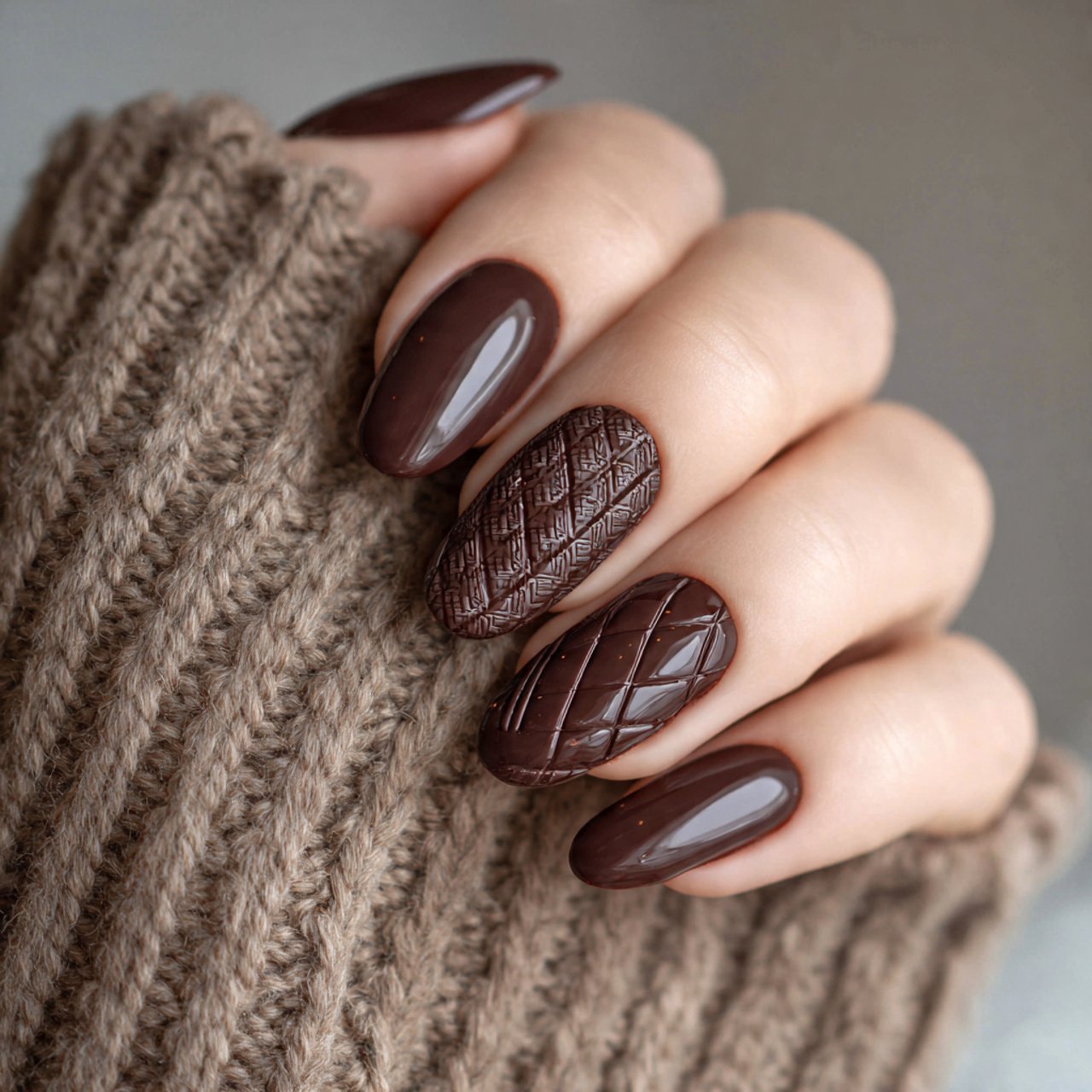 brown ribbed or textured gloss nails creative look
