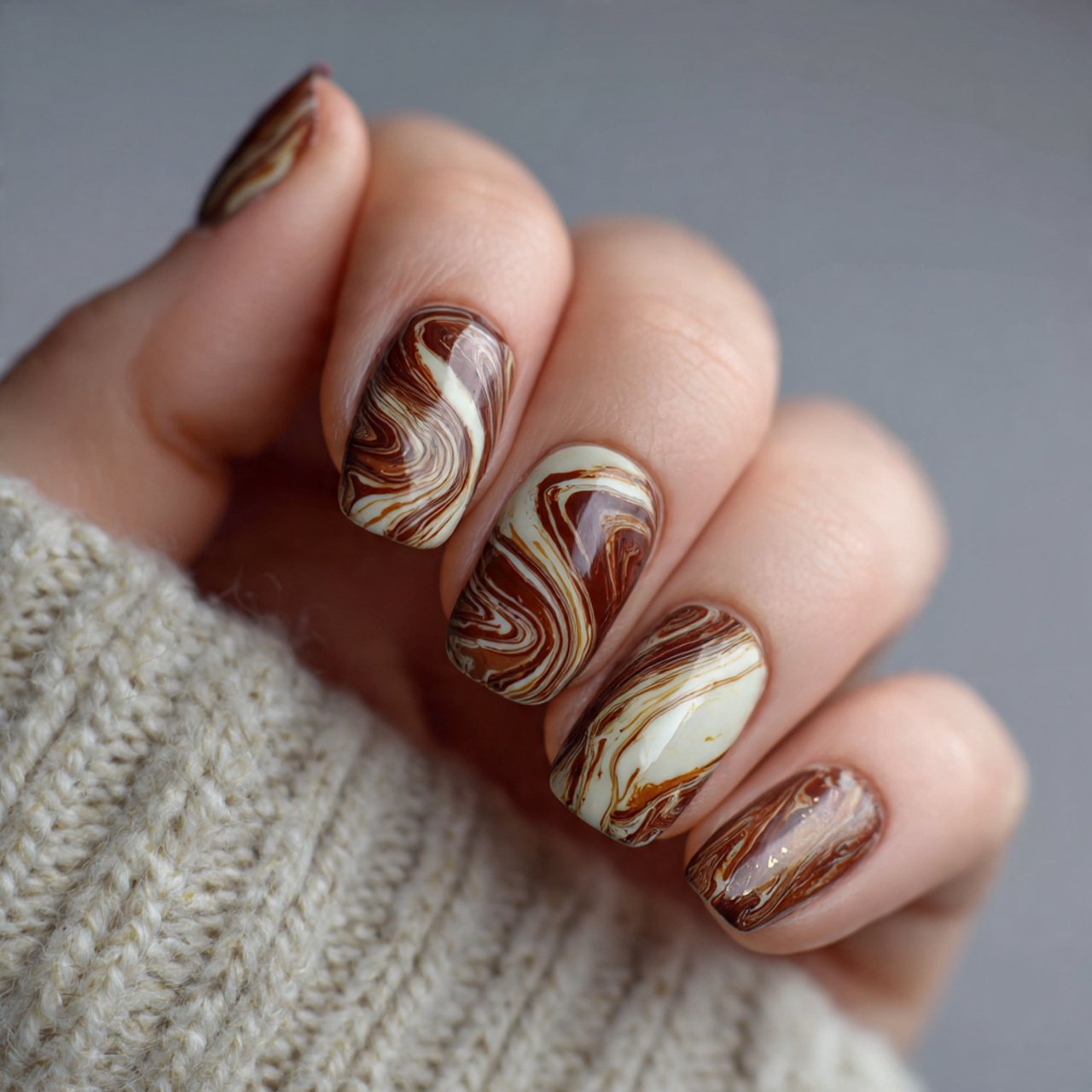 brown swirl nails on a milky base beautiful nails