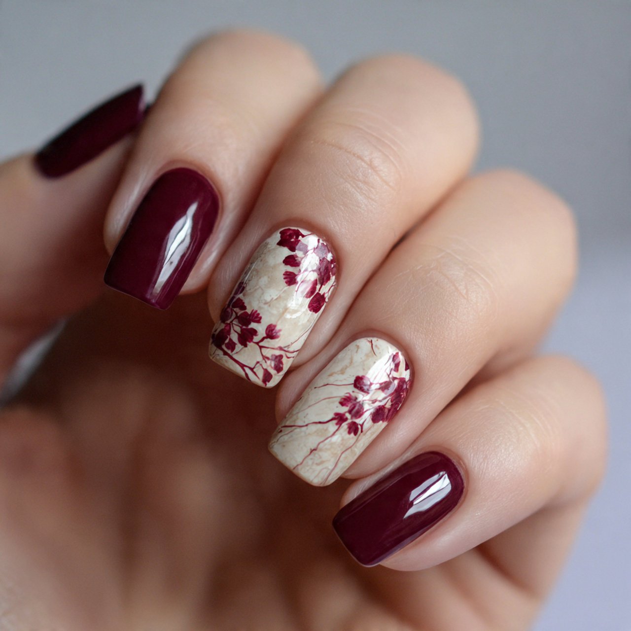 burgundy cream nails nature look nails