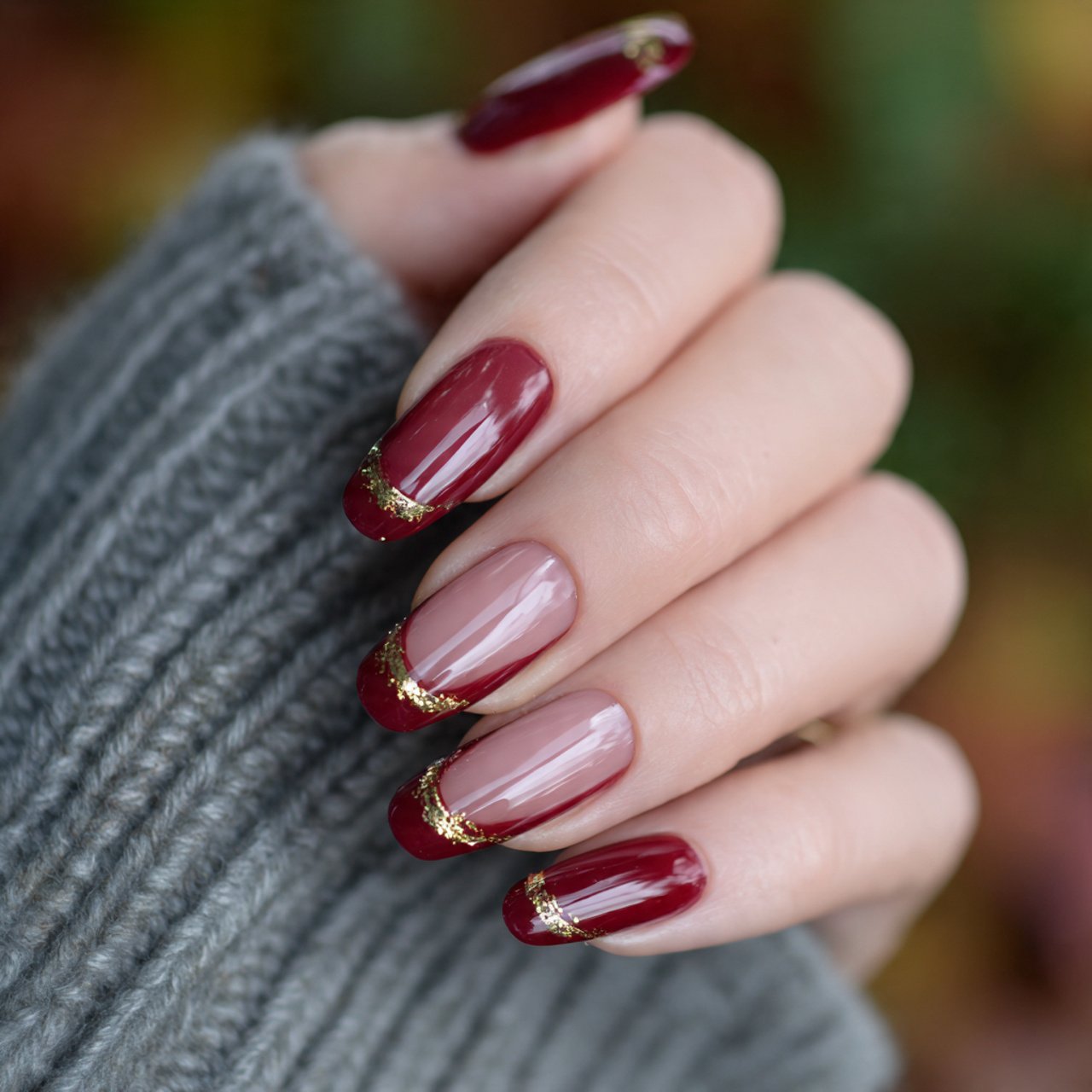 burgundy french with fine gold outline nature look