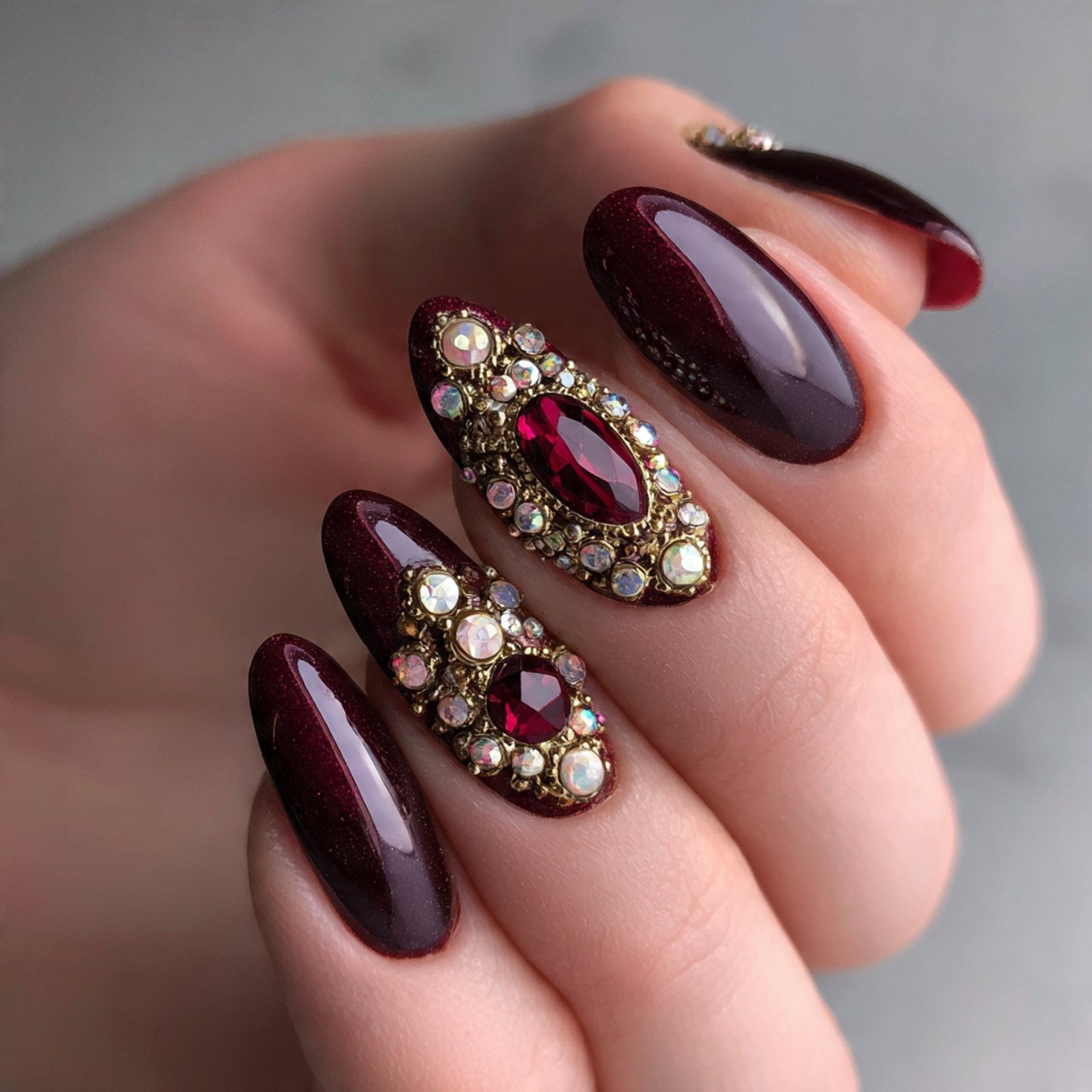 burgundy rhinestone nails