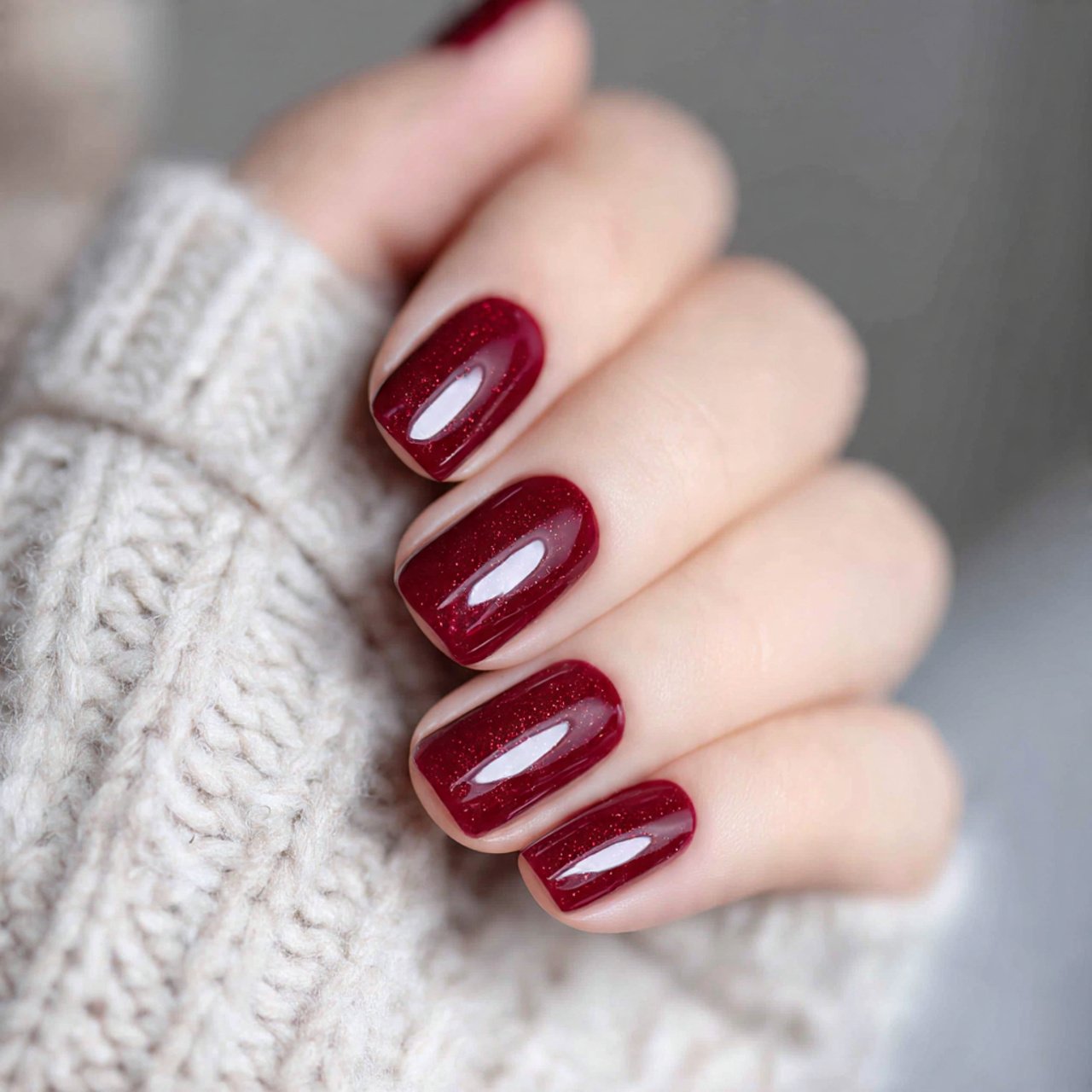 burgundy shimmer short nails
