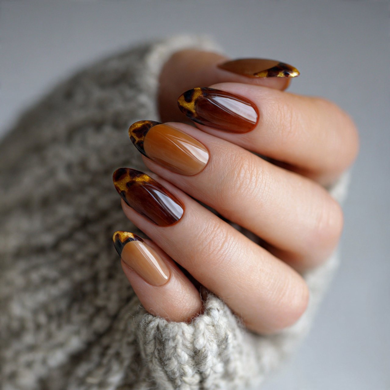 caramel nails with tortoiseshell accent tips nails