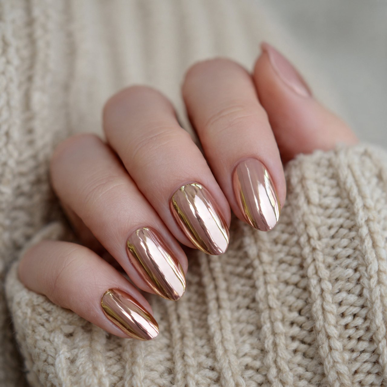 caramel neutral nails with soft gold chrome nails