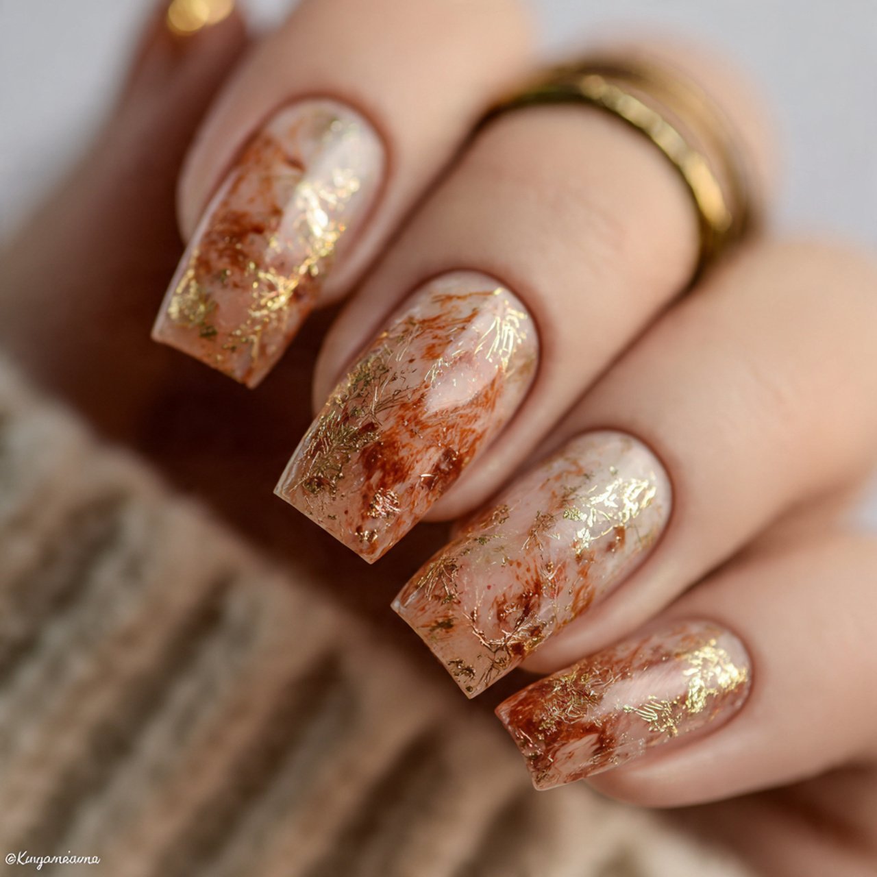 Autumn Nails Inspiration: 15 Salon-Approved Designs That Feel Chic, Cozy, and Wearable 8 caramel with gold foil nature look nails