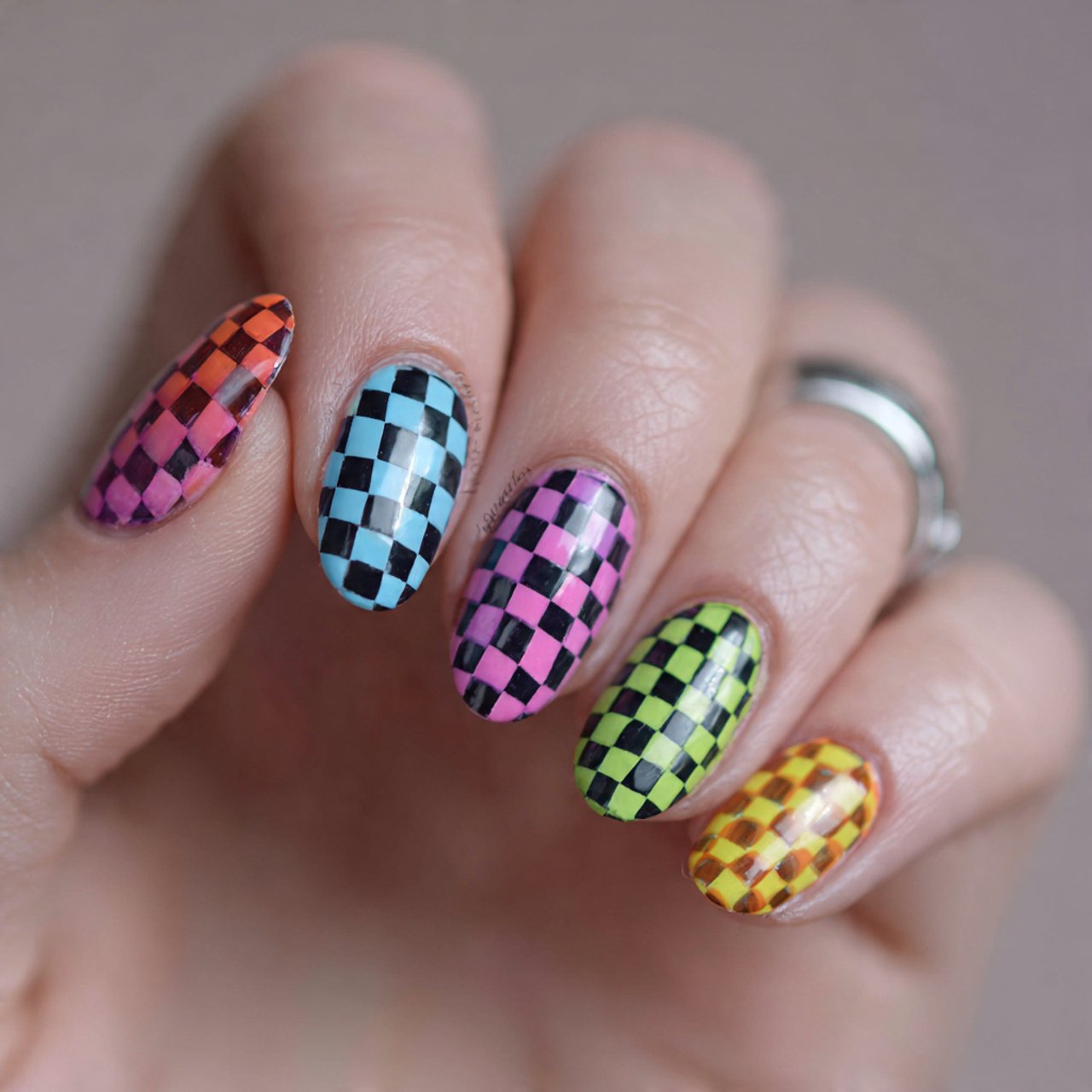 checkerboard pop festival nails