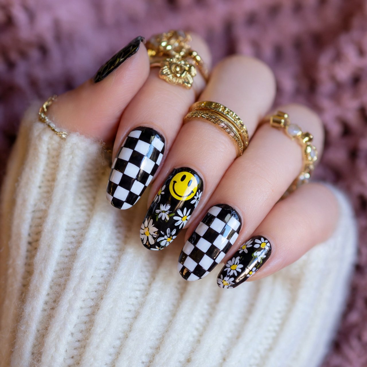 checkered nails with smiley or floral accents