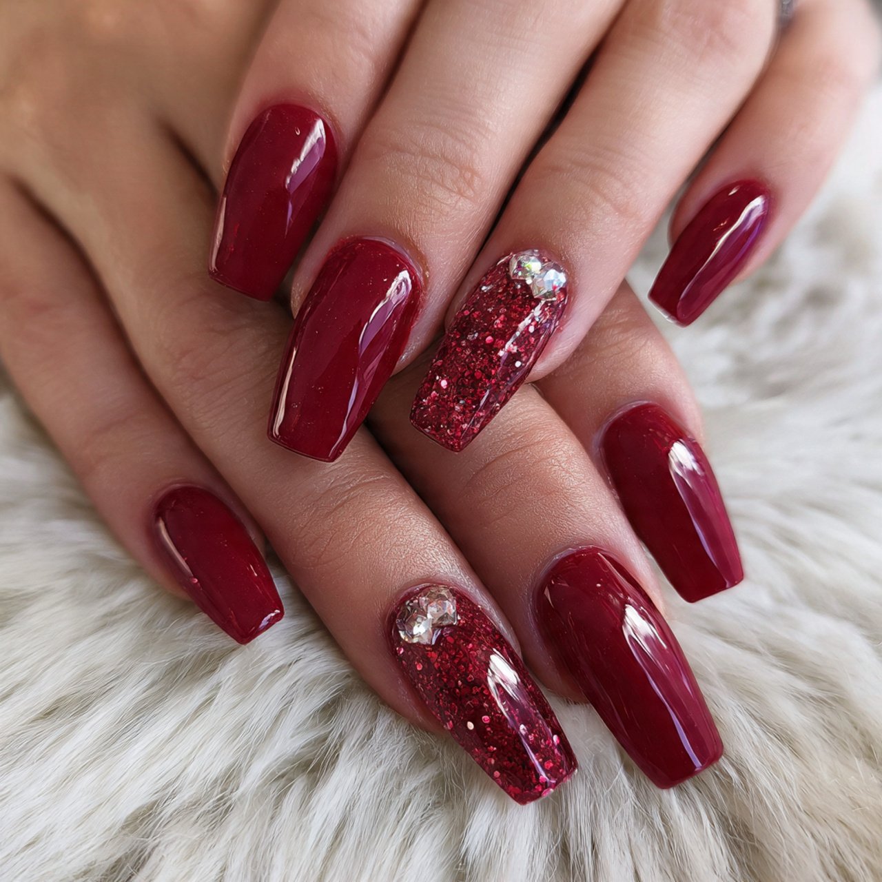 cherry red gloss nails with one accent nails
