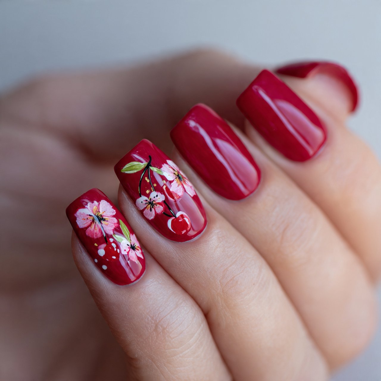 cherry red square summer nails