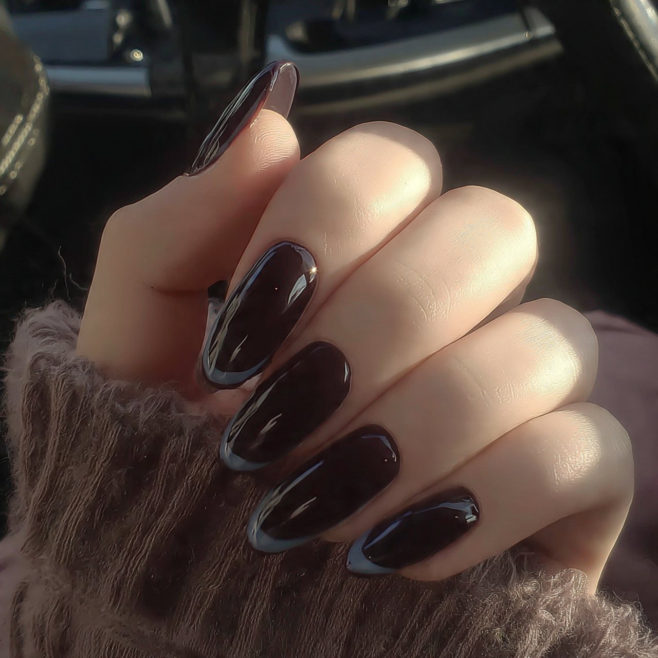 chocolate brown nails with a dusty blue accent nai