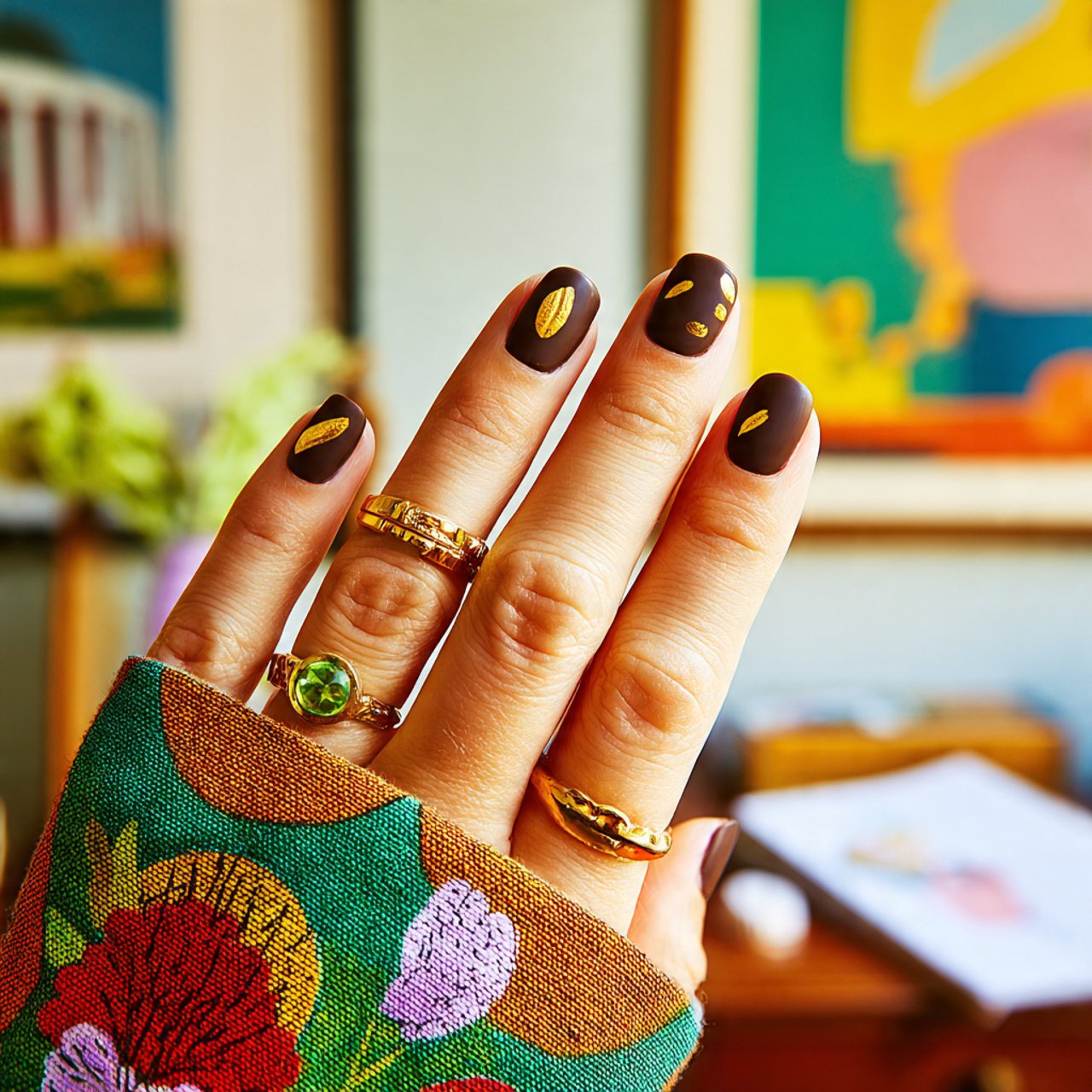 chocolate brown nails with gold foil accents best