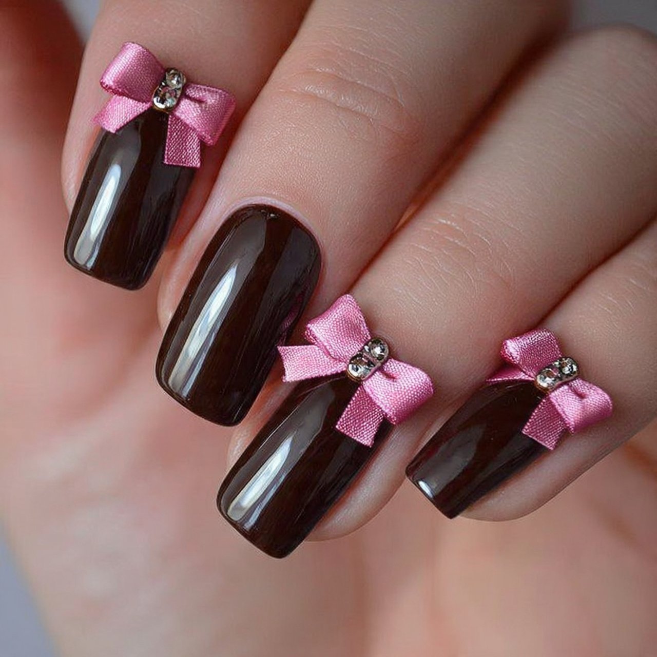 chocolate brown nails with pink bow accents gorgeo