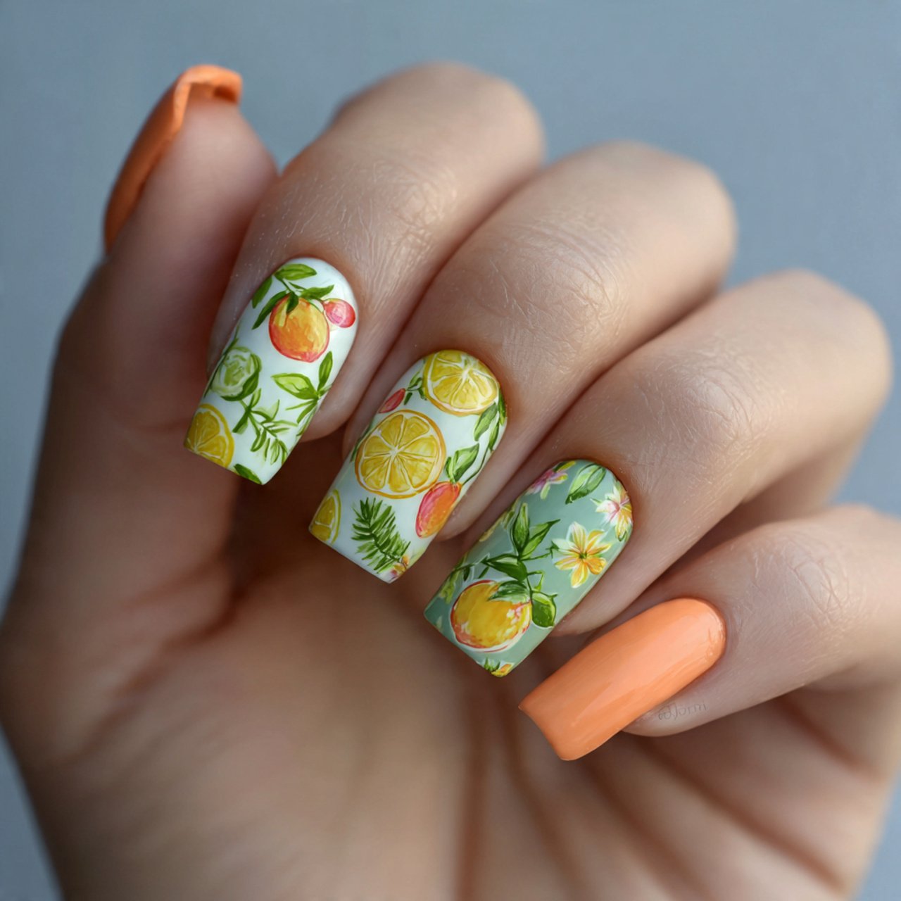 Nails Inspiration Summer: 15 Fresh, Stylish Nail Ideas for a Polished Seasonal Look 13 citrus mix and match nails nature look nails