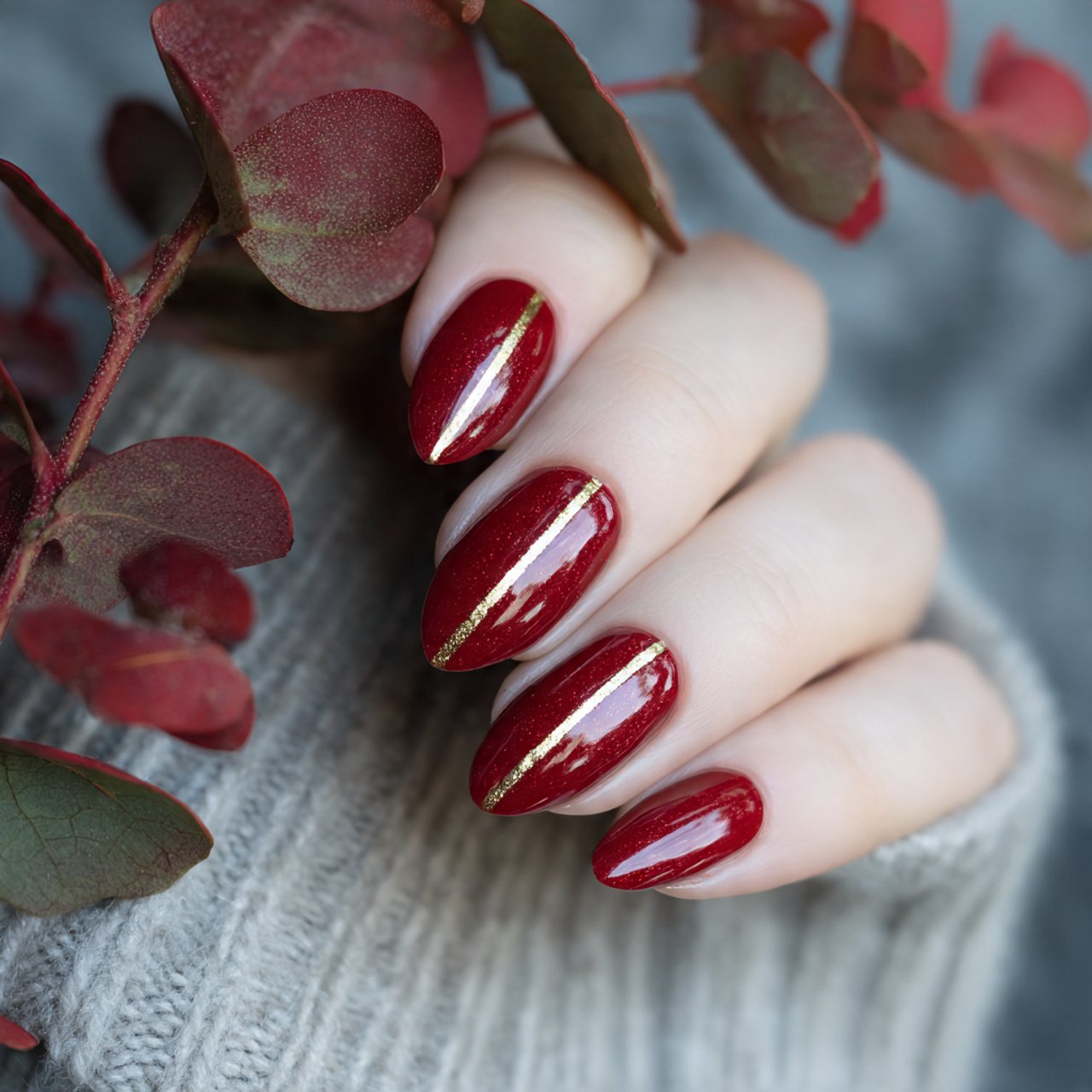 classic red with a gold stripe nature look nails
