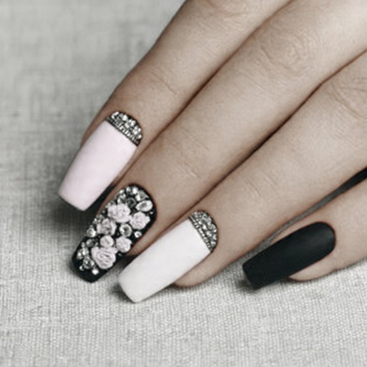 coffin nails with crystal cuticle accents attracti