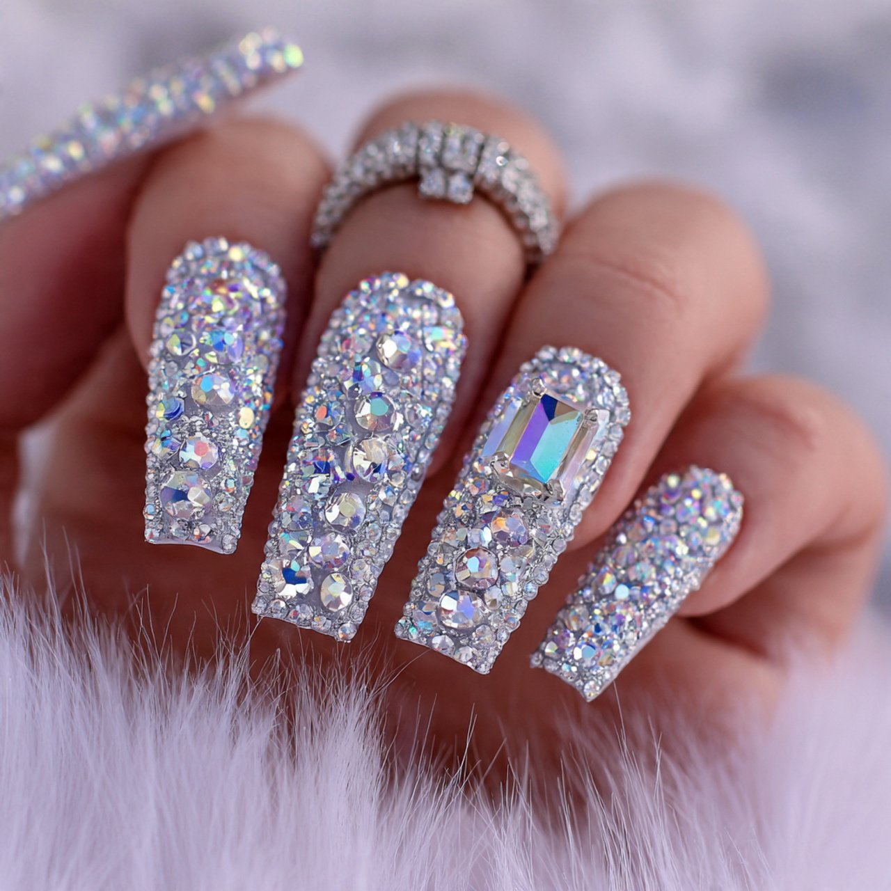coffin rhinestone nails