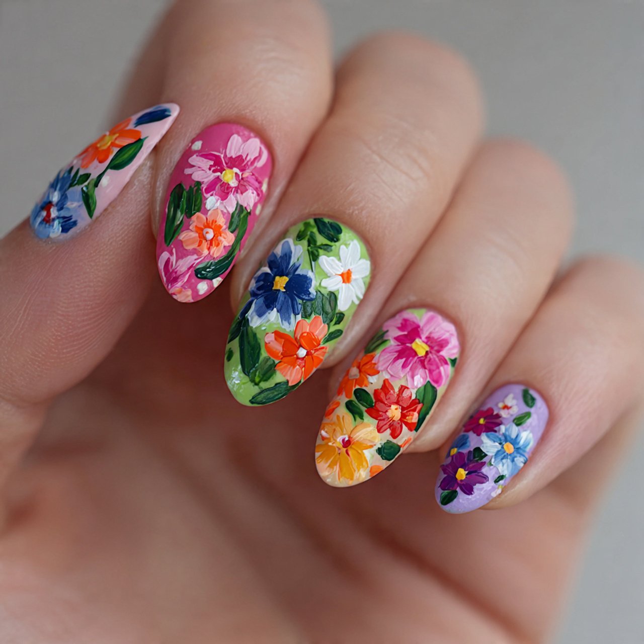 colorful floral accent nails