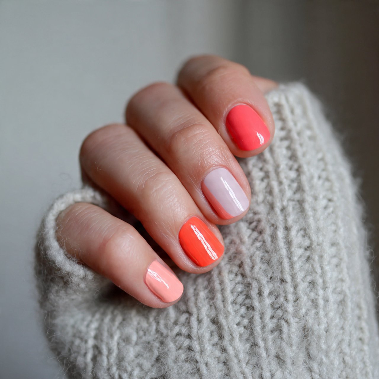 coral and color block nails