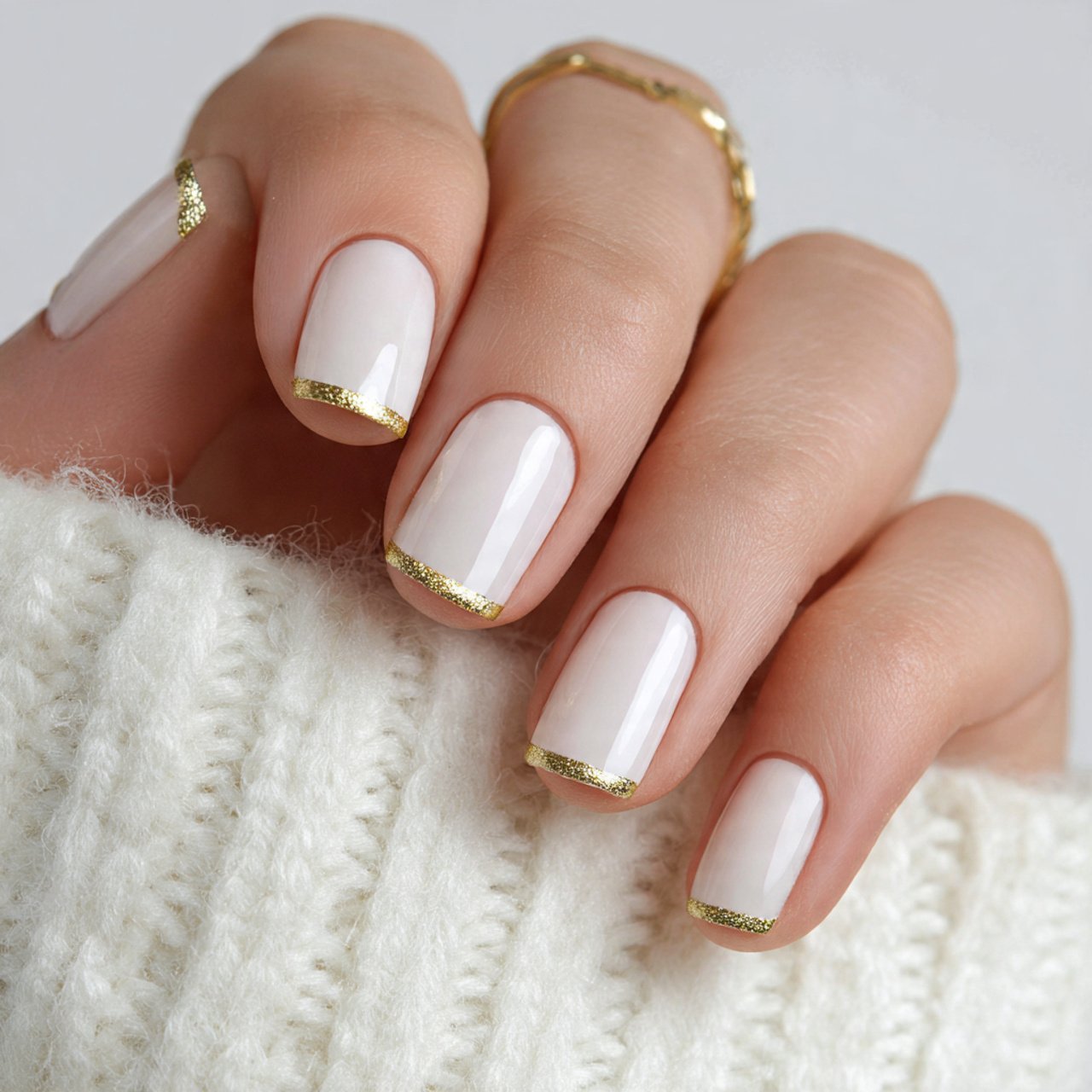 cream and gold micro french nails