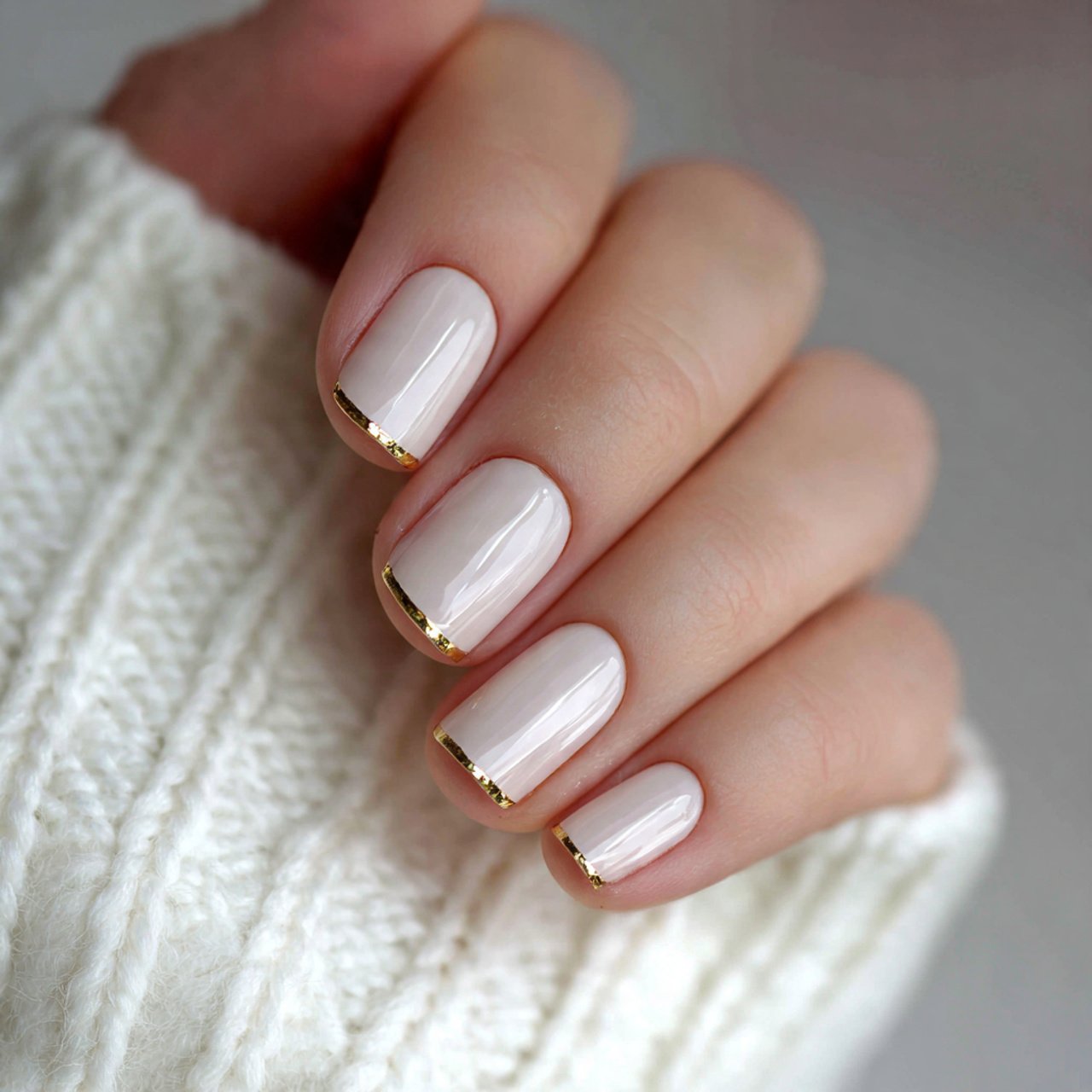 cream nails with fine gold cuticle lining nails