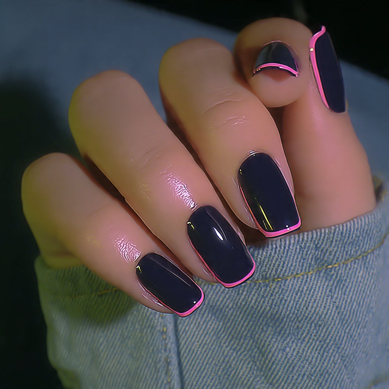 dark blue double line french minimal outline tips