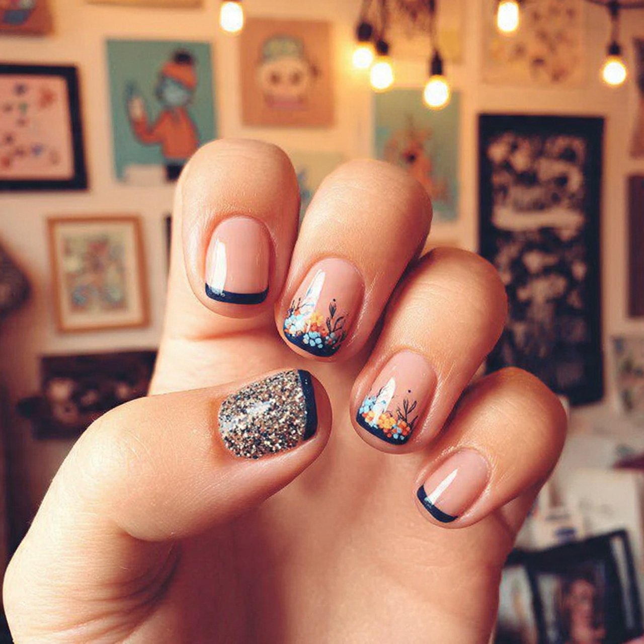 dark blue micro french on base attractive nails