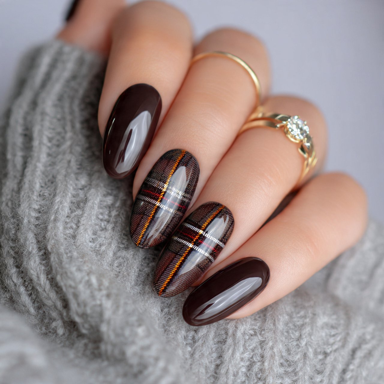 dark brown plaid accent nails glowing nails
