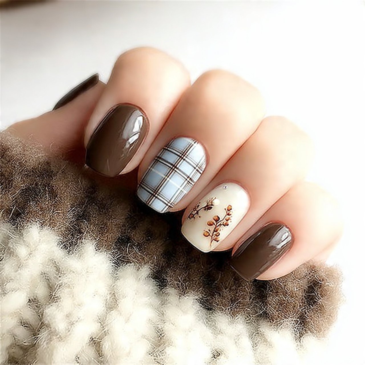 dusty blue plaid and brown neutral nails stunning