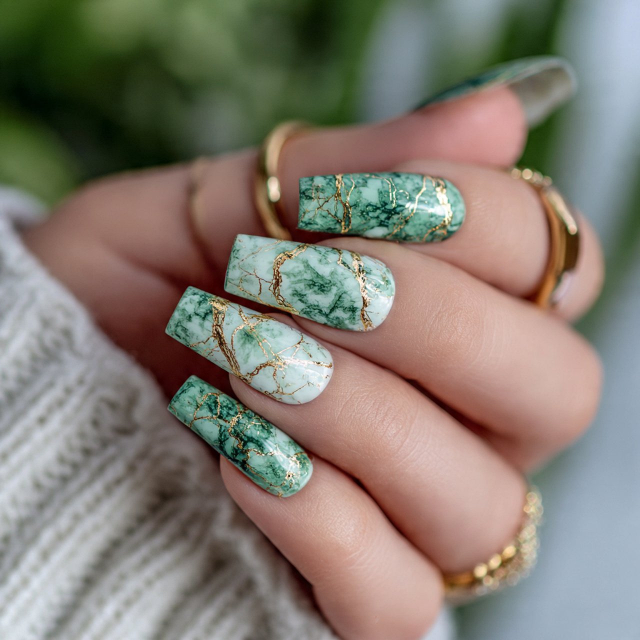emerald marble nails with gold veining pretty nail