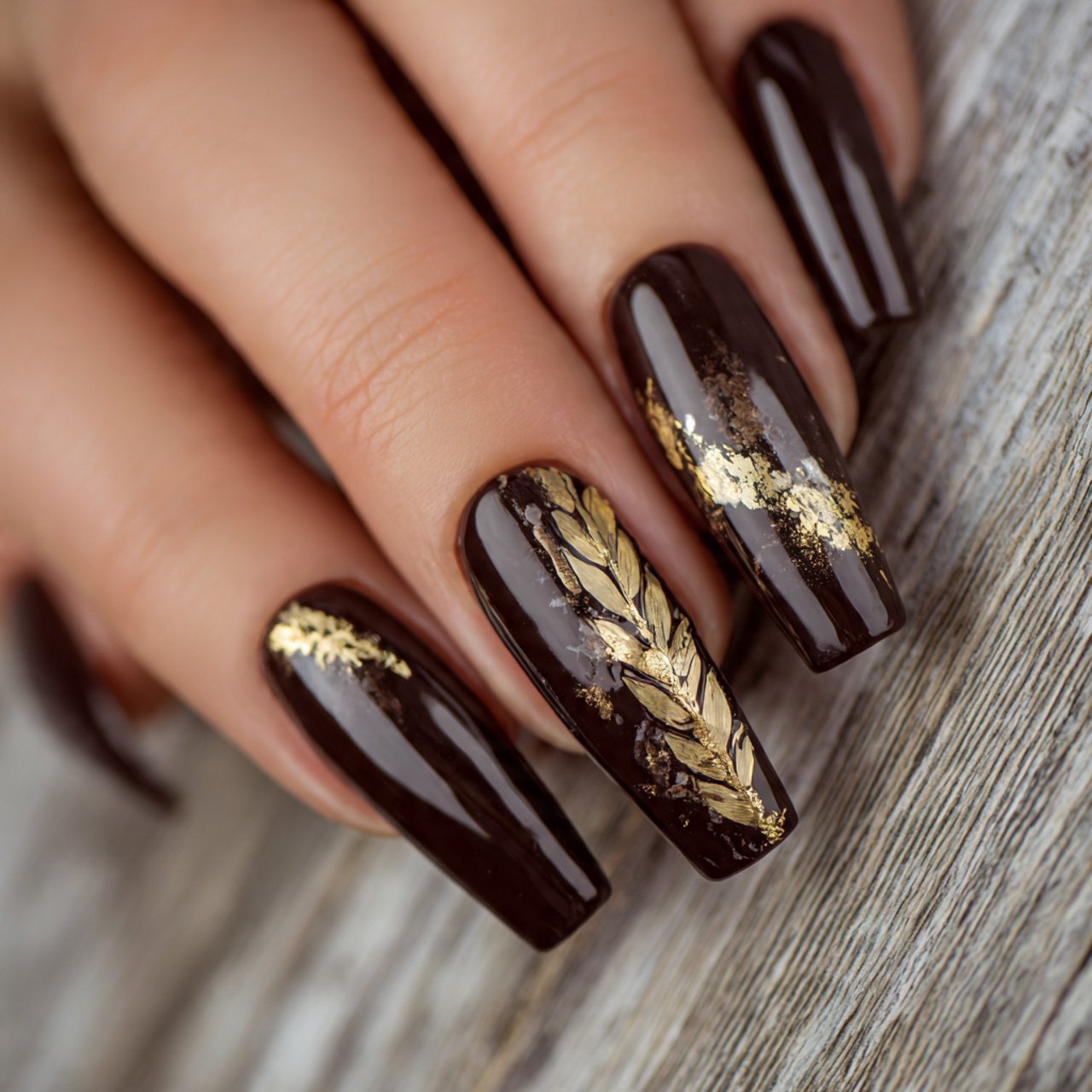 espresso brown nails with gold foil accents attrac