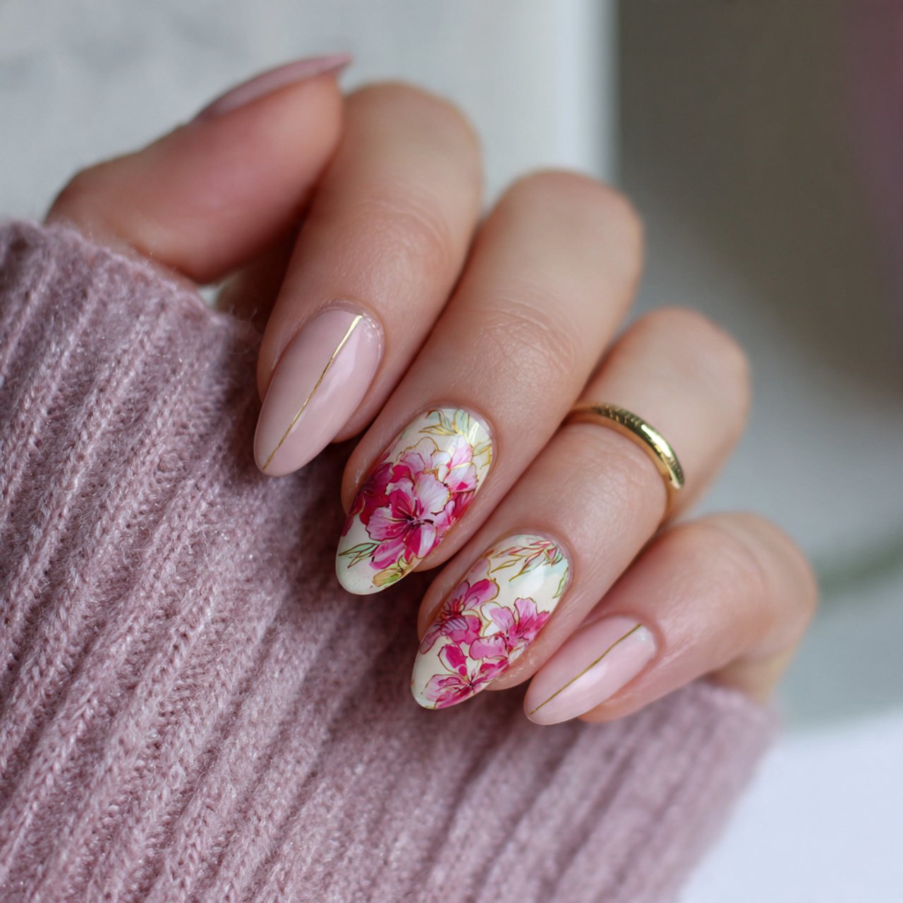 fine line art almond nails