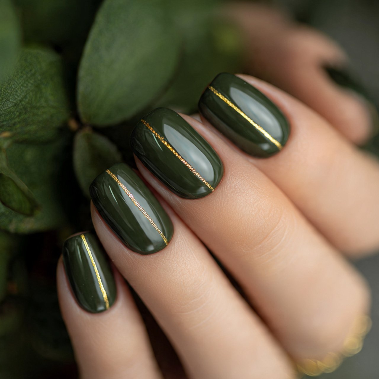 Autumn Nails Inspiration: 15 Salon-Approved Designs That Feel Chic, Cozy, and Wearable 12 forest green gloss with minimal gold line art attr
