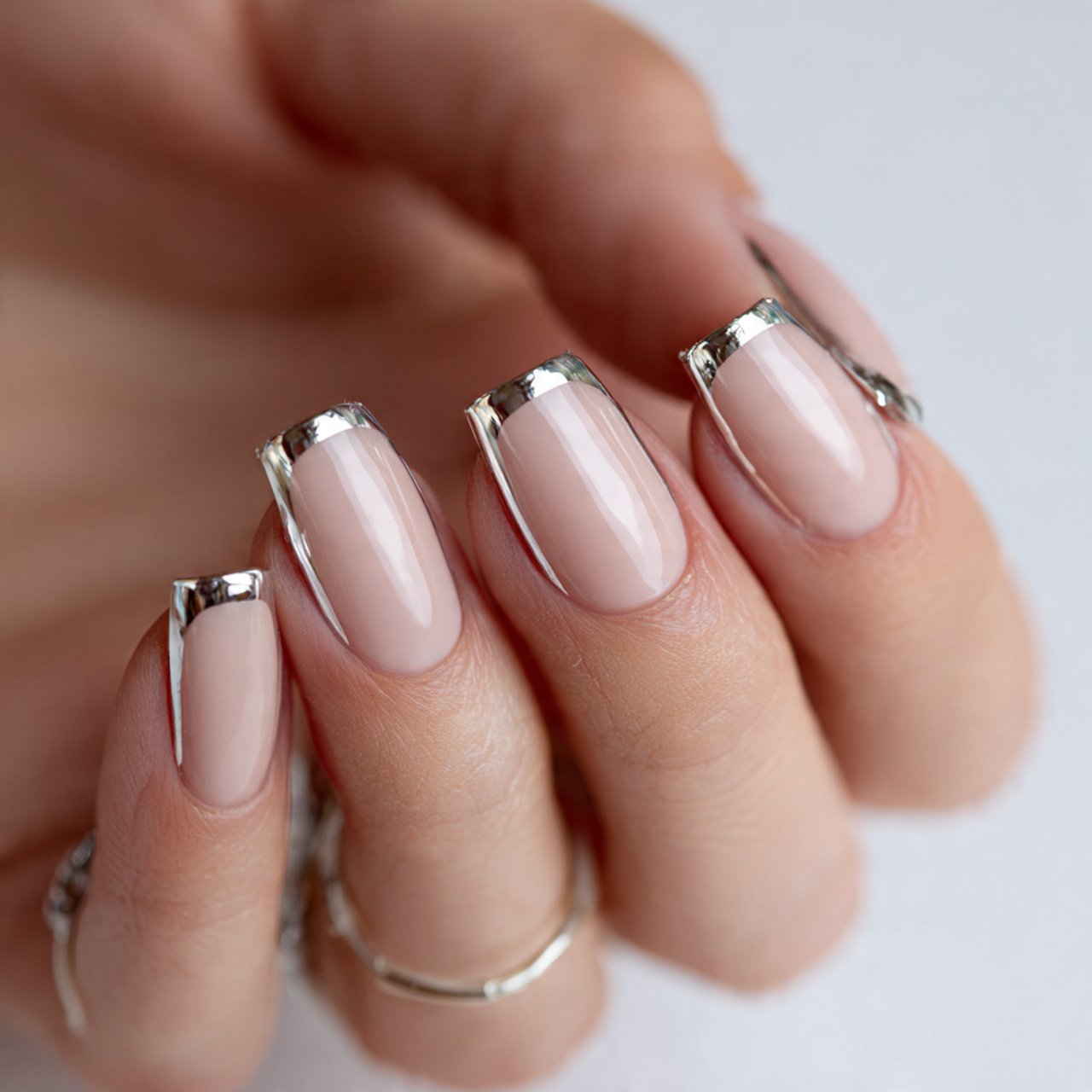french neutral nails with chrome tips nails