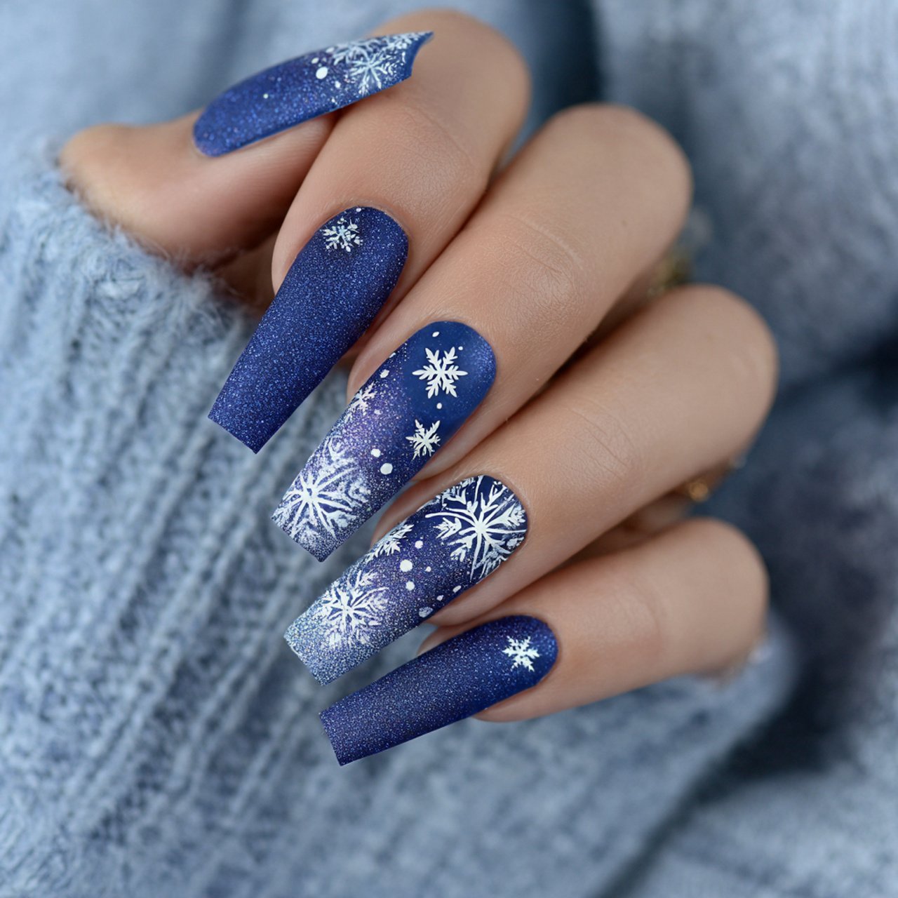 frosted blue coffin nails with snowflake art natur