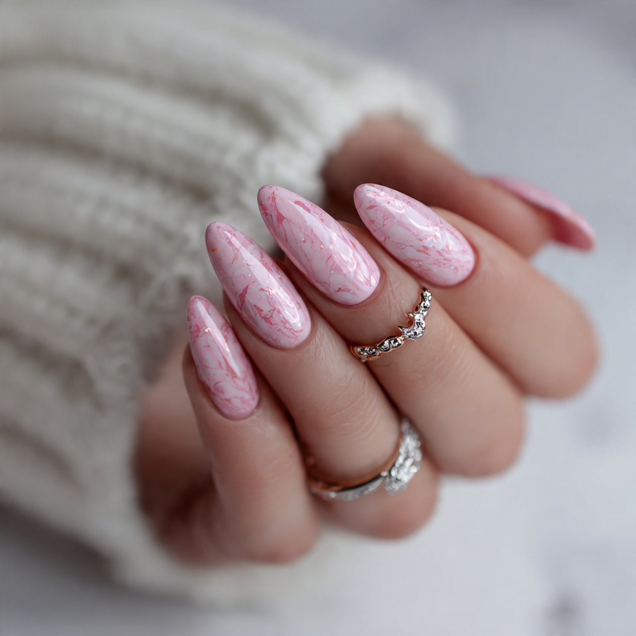 glazed pink almond nails