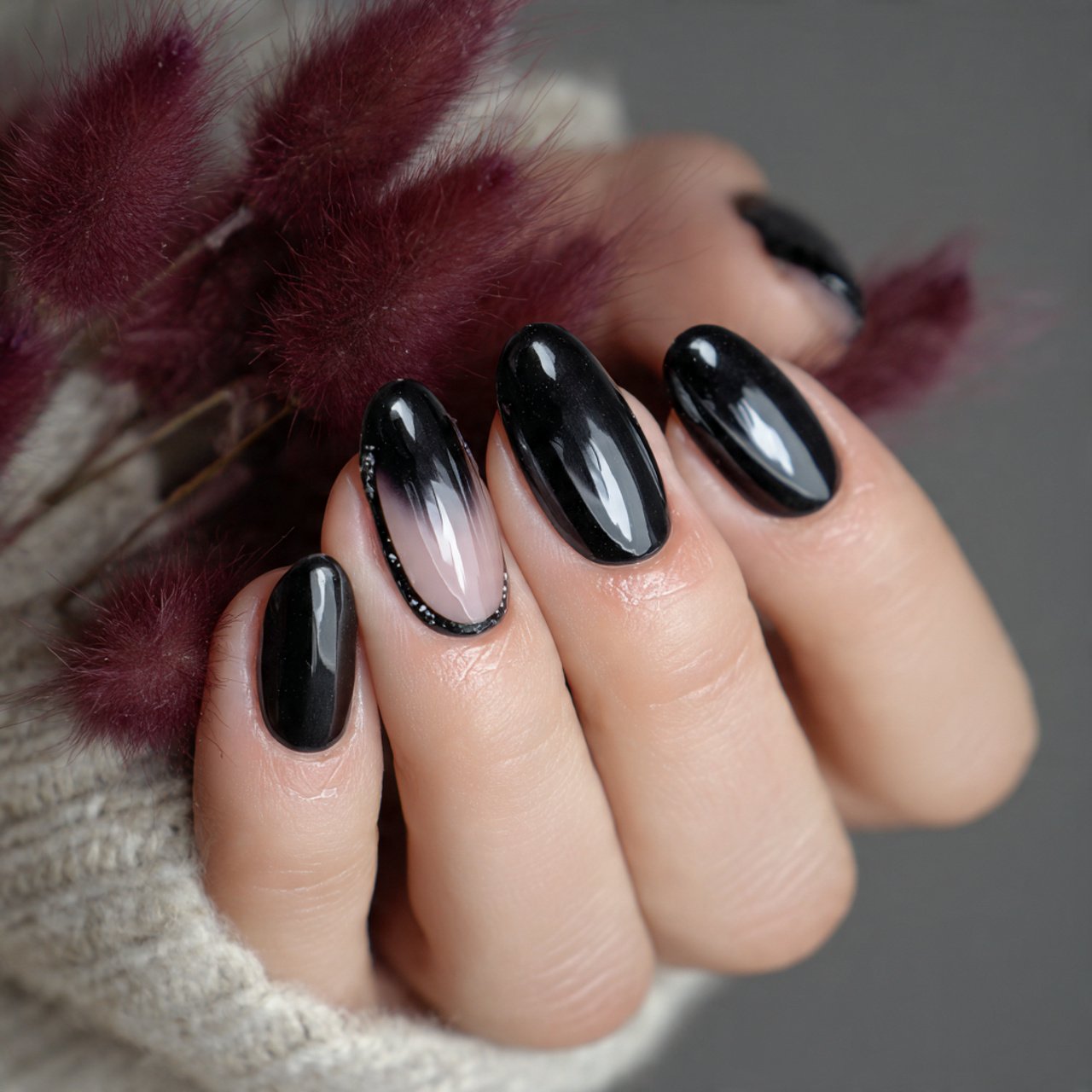 glossy black micro french nails