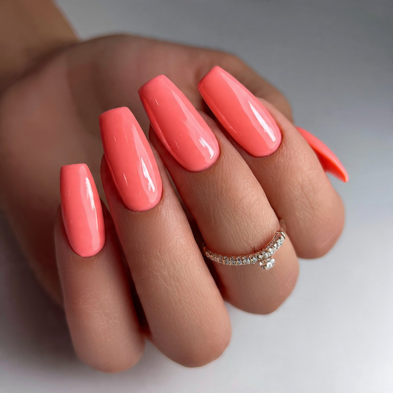 glossy coral coffin nails supper nails