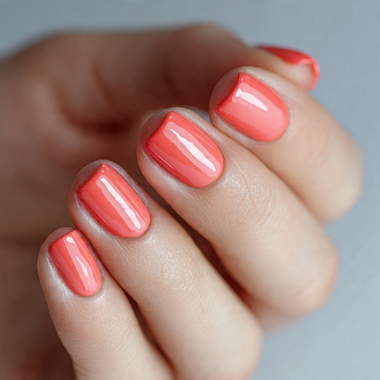 glossy coral short nails