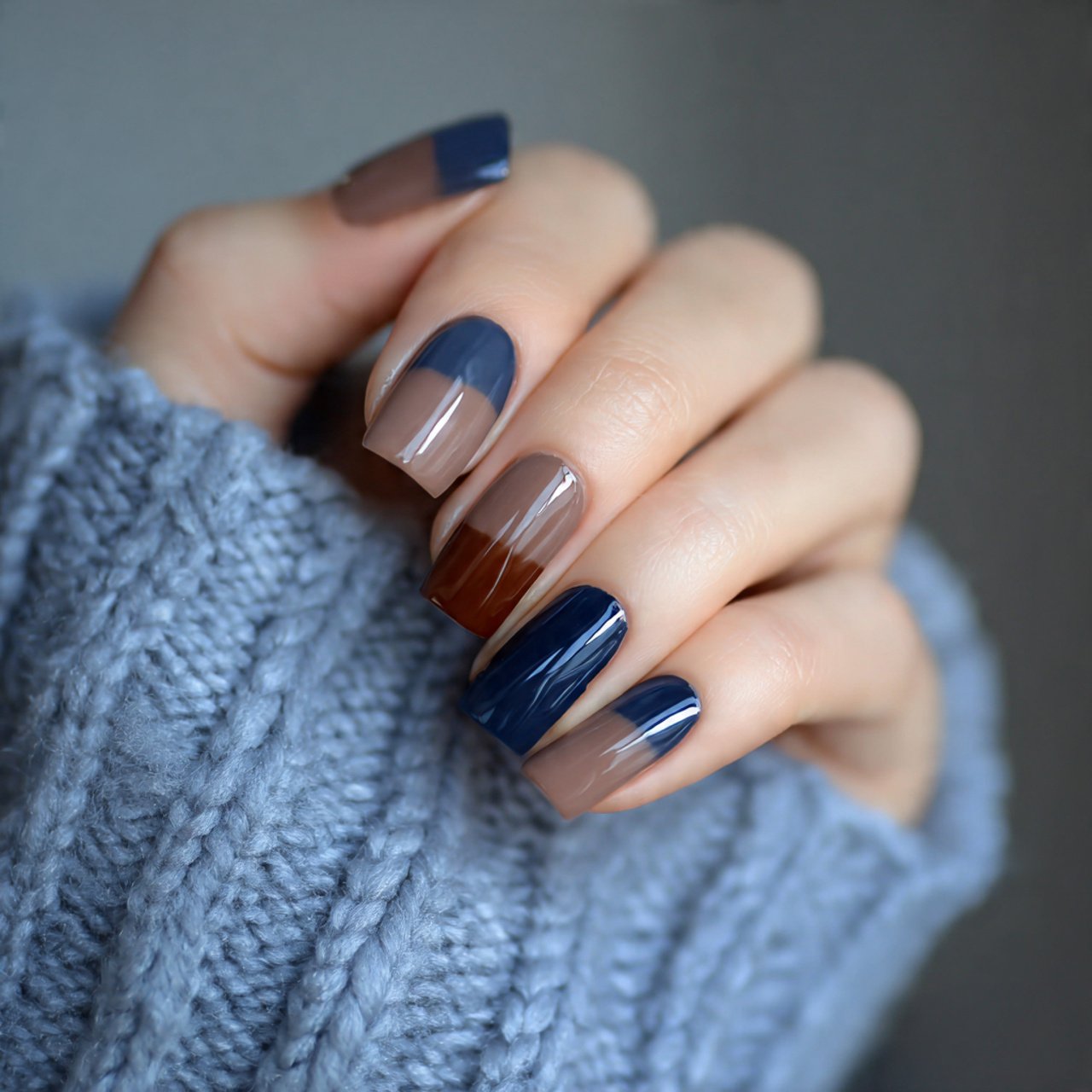 glossy mocha and navy color block nails attractive