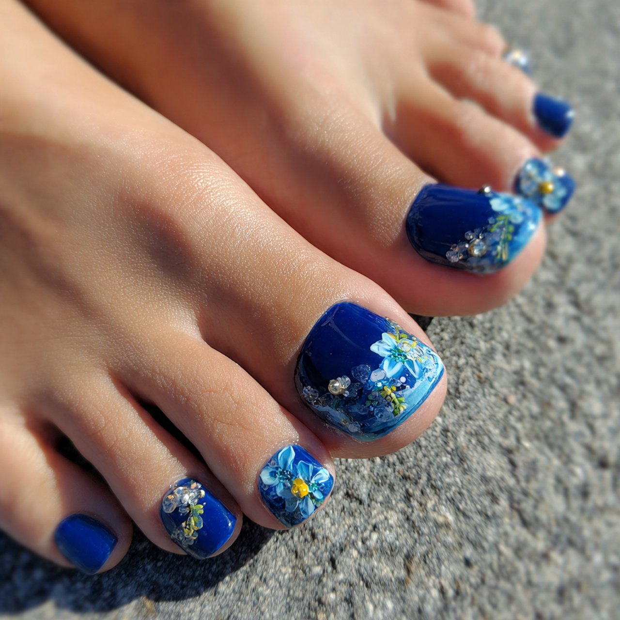 glossy ocean blue toe nails