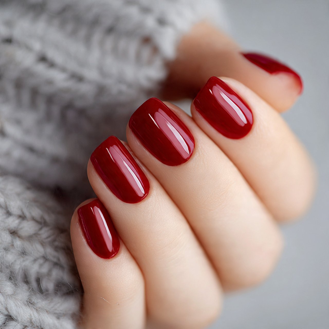 glossy red simple nails natural nails